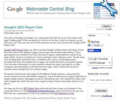 Google Search Engine Optimization. google-seo-report-card