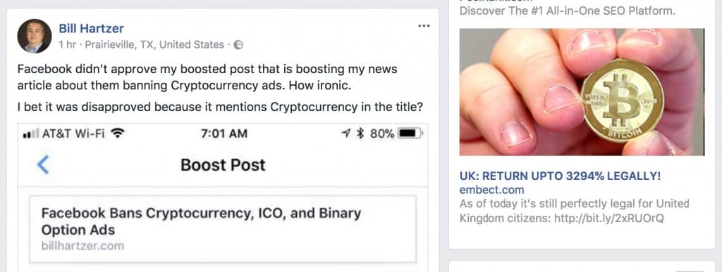 Facebook bans bitcoin and cryptocurrency ads ether mining vs bitcoin
