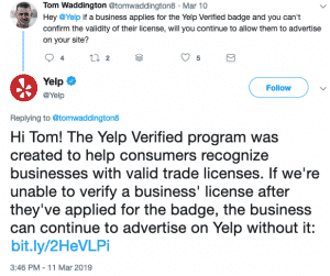 unlicenses business on Yelp