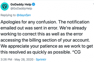 GoDaddy response to email error