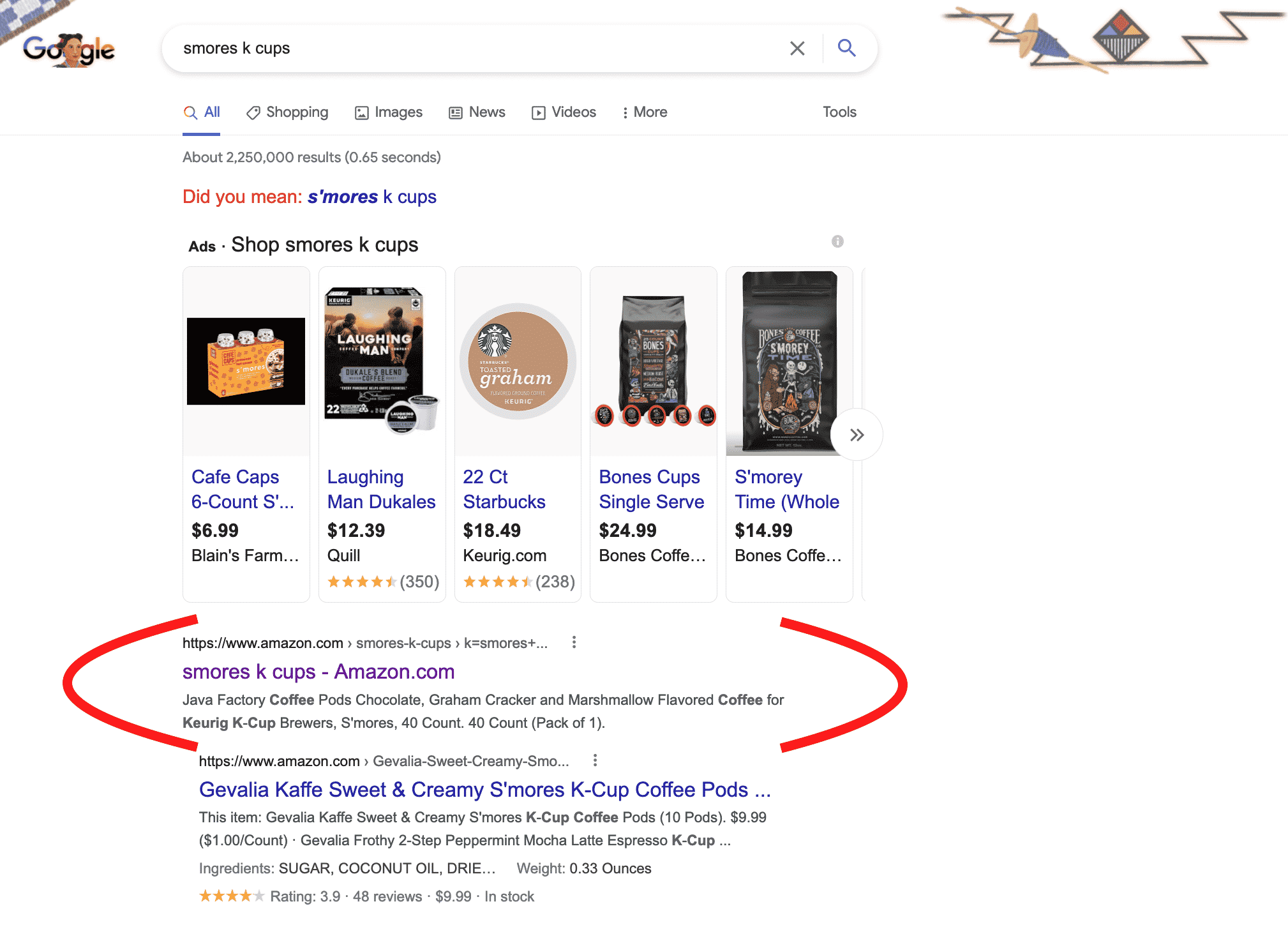 Amazon internal search results showing in Google's search results.