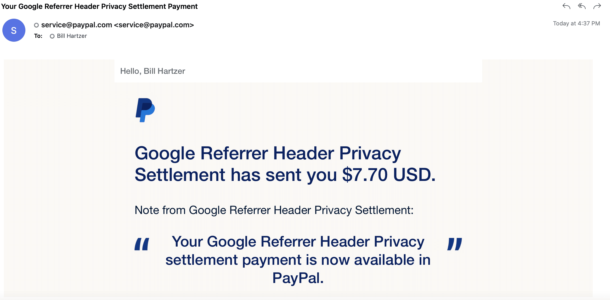Google Referrer Header Privacy Settlement payment from PayPal.
